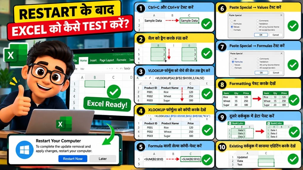 Restart के बाद Excel Copy Paste VLOOKUP और Paste Special test checklist