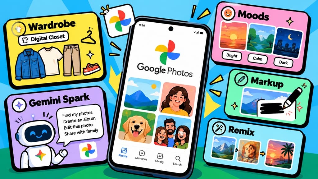 oogle Photos के 5 नए AI features Wardrobe, Gemini Spark, Moods, Markup और Remix Templates