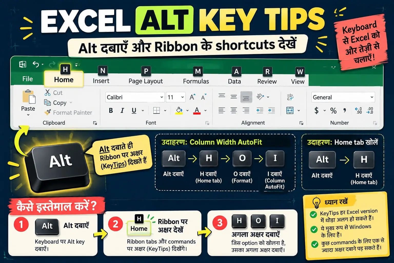 Excel keyboard shortcuts cheat sheet in Hindi with useful shortcut keys