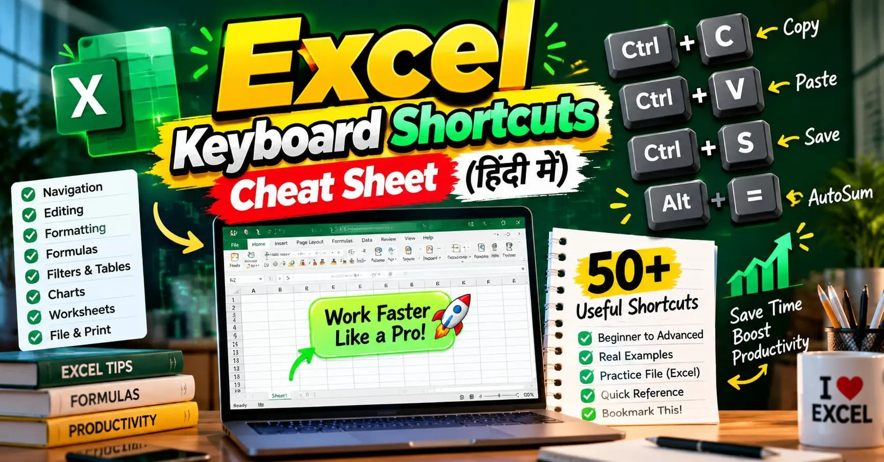 Excel keyboard shortcuts cheat sheet in Hindi with 50+ useful shortcuts